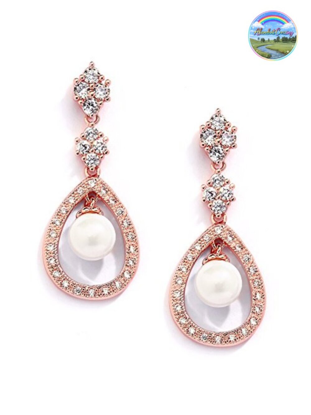Pearl Bridal Wedding Drop Earrings Rose Gold Plated CZ